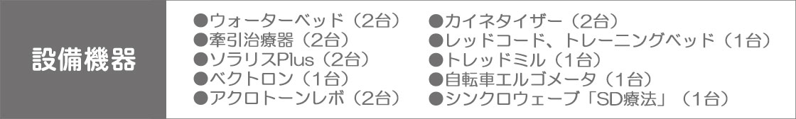設備機器 ●ウォーターベッド(2台)●牽引治療器(2台)●ソラリスPlus(2台)●ベクトロン(1台)●アクロトーンレボ(2台)●カイネタイザー(2台)●レッドコード、トレーニングベッド(1台)●トレッドミル(1台)●自転車エルゴメータ(1台)●シンクロウェーブ「SD療法」(1台)